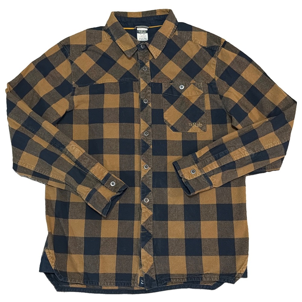 Rab Boundary Flannel Shirt Button Up Tan Black Check Plaid Mens Large Outdoor